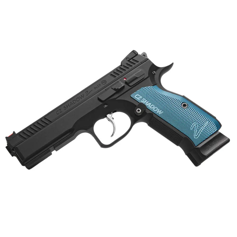 Linke Seite der ASG CZ Shadow 2 Airsoft Pistole mit blauer Griffschale und CZ-Shadow-Gravur