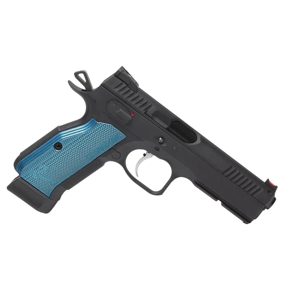 ASG CZ Shadow 2 Airsoft Pistole schräg von hinten mit blauen Aluminiumgriffschalen