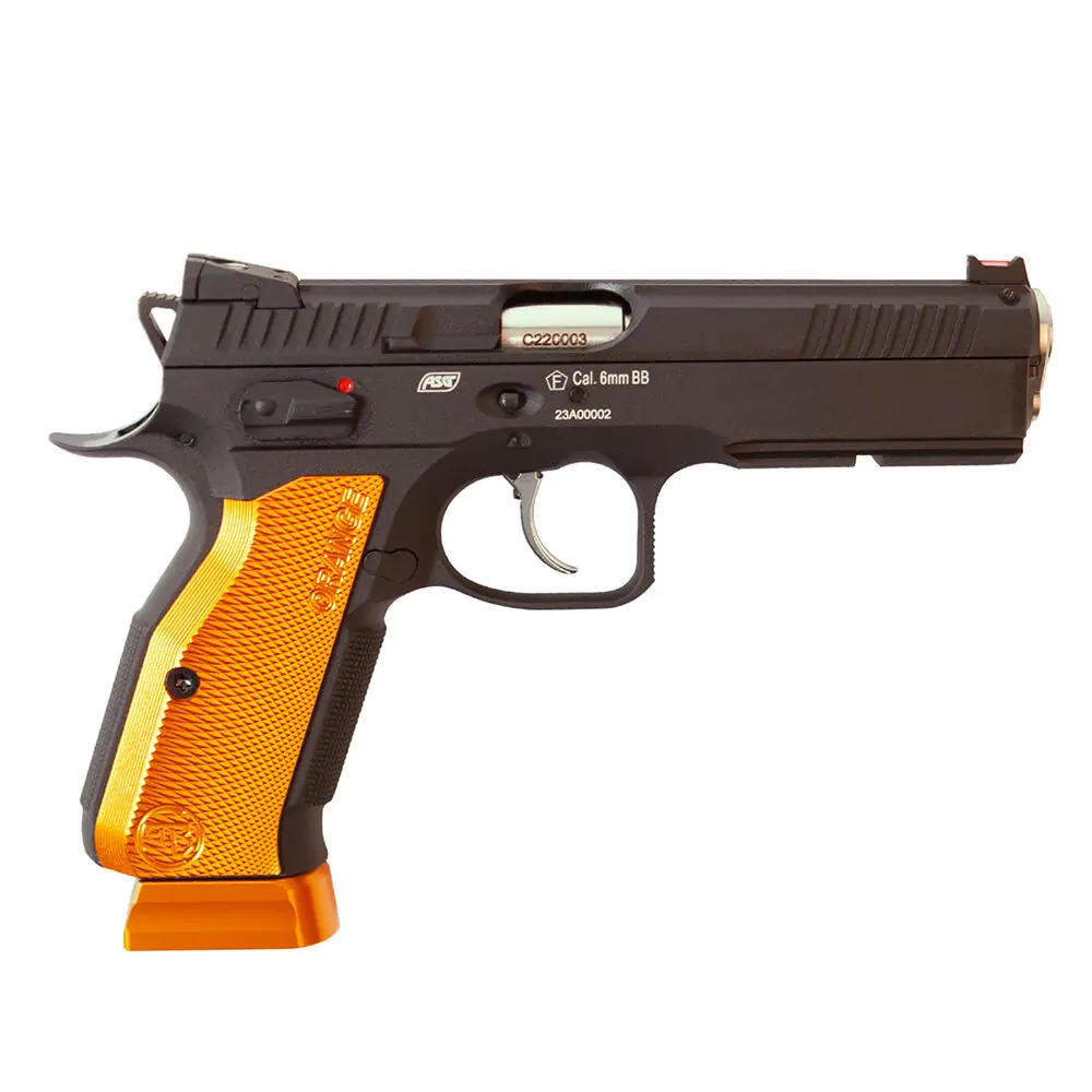 Linke Seite der ASG CZ Shadow 2 mit F-Kennzeichen im Fünfeck und Kaliberangabe 6 mm BB