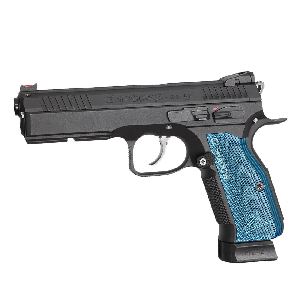 ASG CZ Shadow 2 Airsoft GBB Pistole in Schwarz mit blauen Griffschalen, Ansicht von rechts