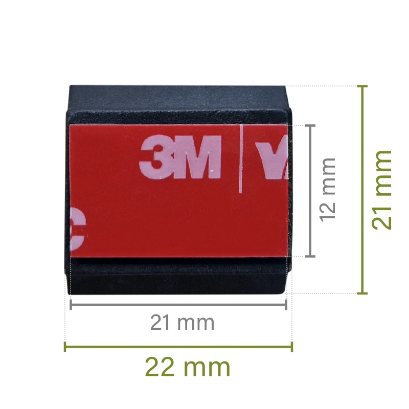 MagRail Universal Adapter, Unterseite mit aufgebrachtem 3M VHB-Klebeband und Abmessungen