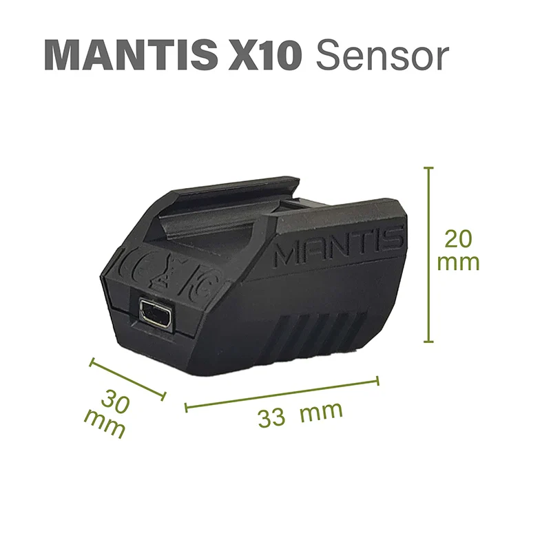 Mantis X10 Elite Sensor mit Angabe der Abmessungen