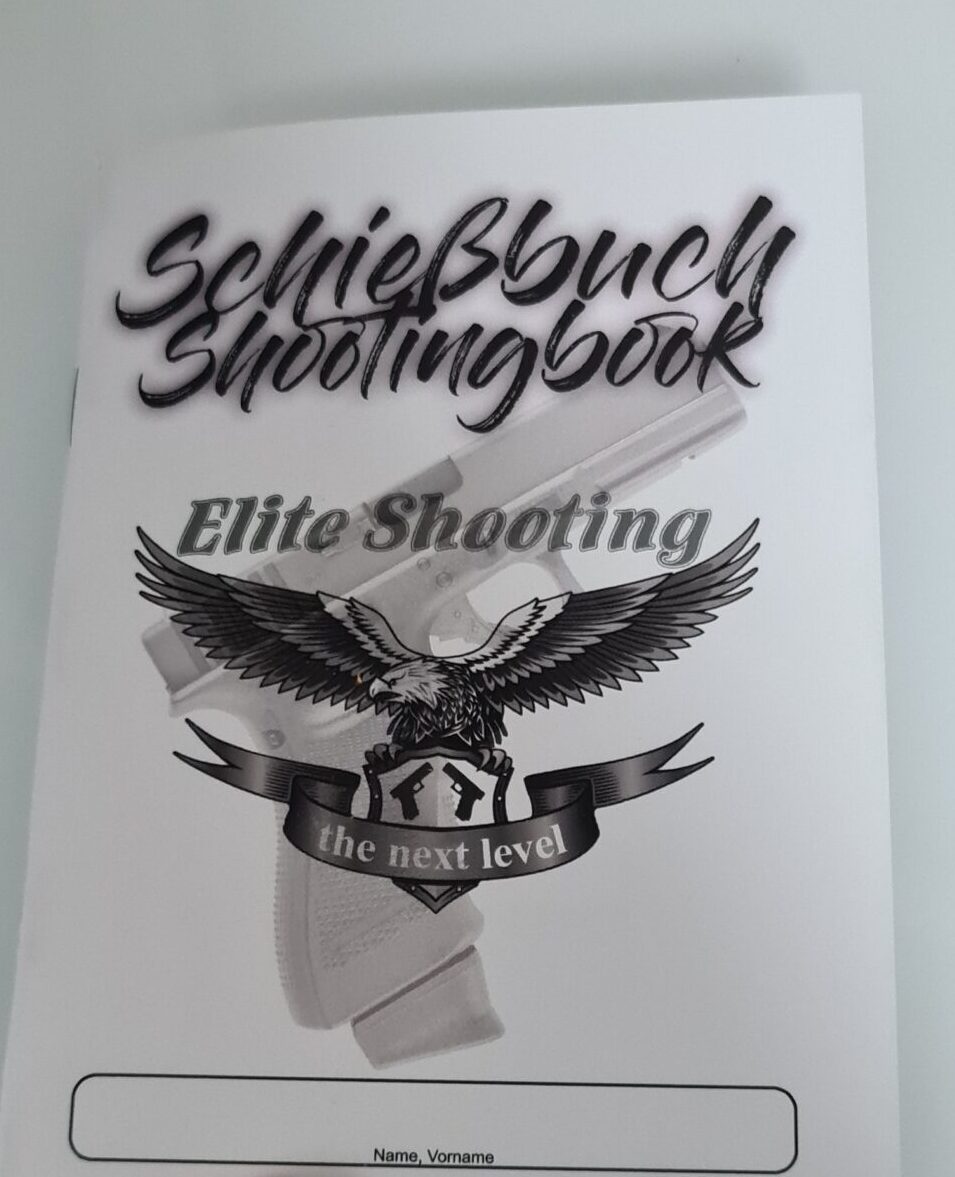 Schiessbuch von Elite Shooting, Titelseite mit Adlerlogo und Namensfeld