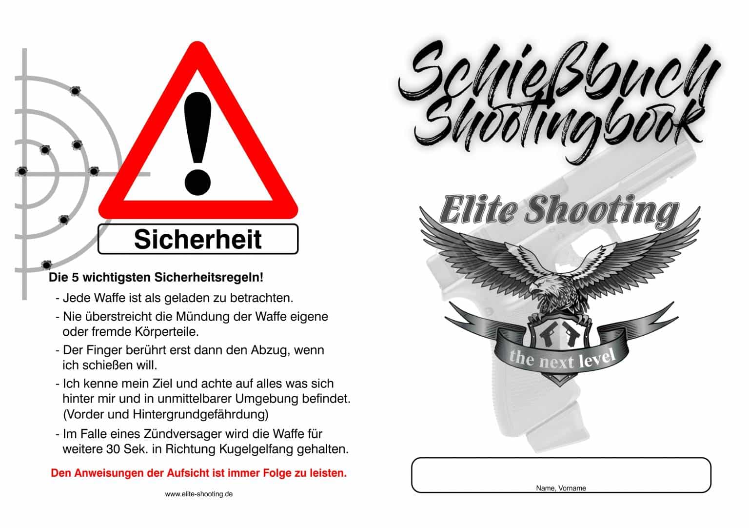 Umschlag des Schiessbuchs, Rueckseite mit den fuenf wichtigsten Sicherheitsregeln