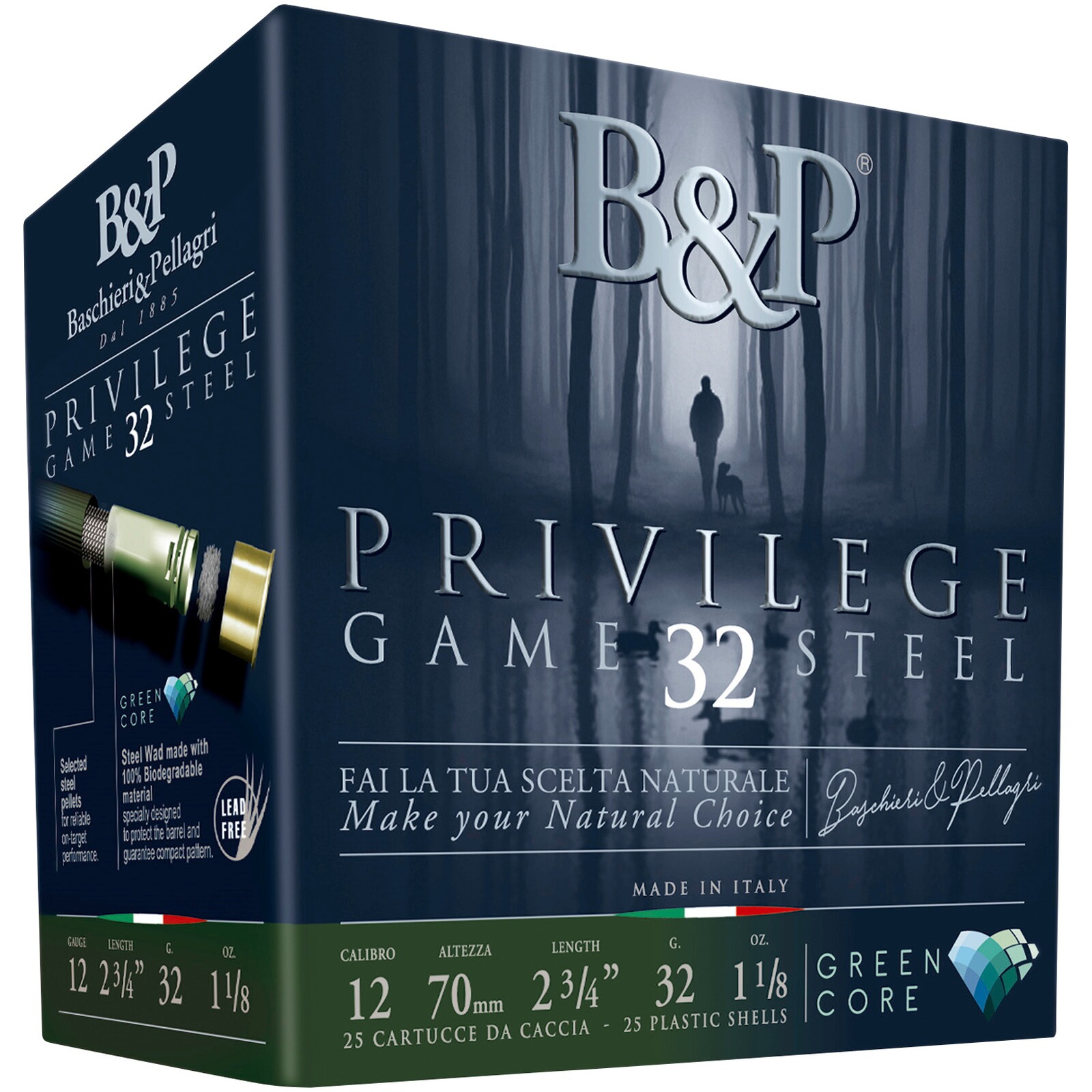 Baschieri & Pellagri 12/70 Privilege Game Steel Green Core 2,9mm 32g., 25 Stück