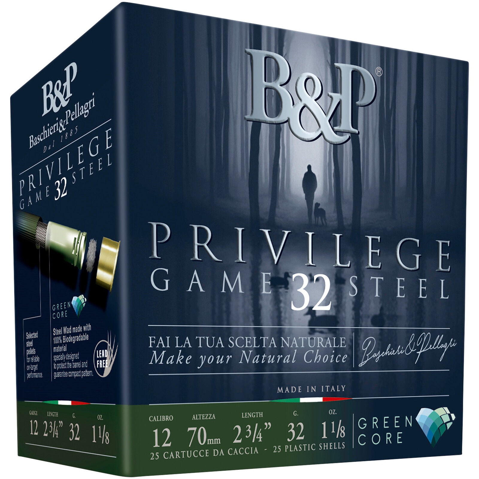 Baschieri & Pellagri 12/70 Privilege Game Steel Green Core 3,3mm 32g, 25 Stück