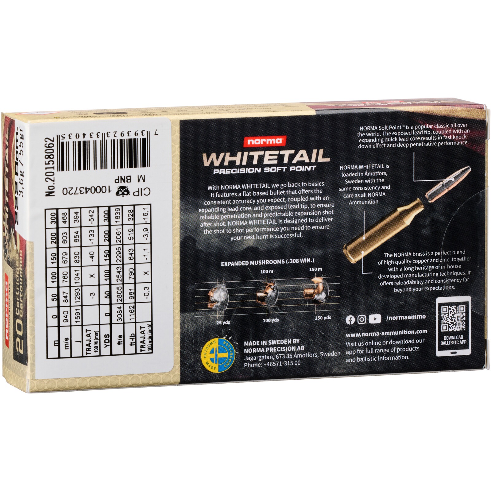 Norma .222 Rem. Whitetail SP 3,6g/55grs., 20 Stück